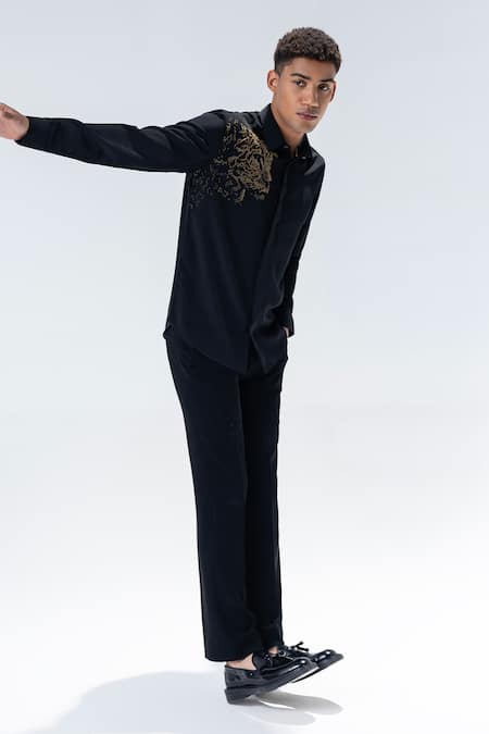 Shop Amit Arora Black Polyamide Embroidery Lion Motif Shirt at Aza Fashions Shop_Amit Arora_Black Polyamide Embroidery Lion Motif Shirt _at_Aza_Fashions