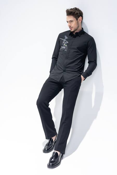 Amit Arora_Black Embroidery Cat Motif Shirt _Online_at_Aza_Fashions