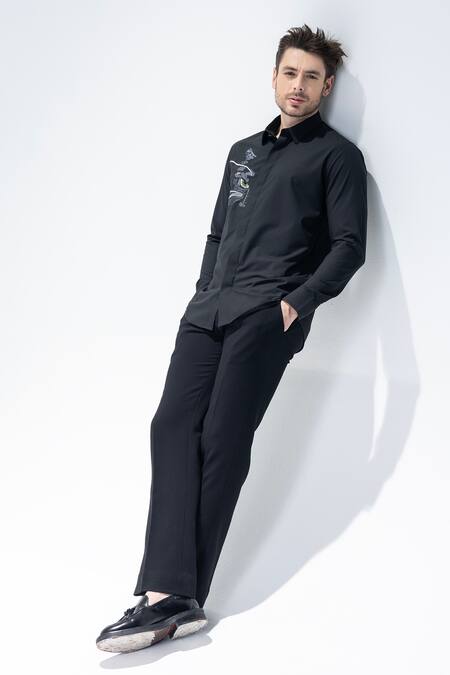 Buy_Amit Arora_Black Embroidery Cat Motif Shirt _Online_at_Aza_Fashions