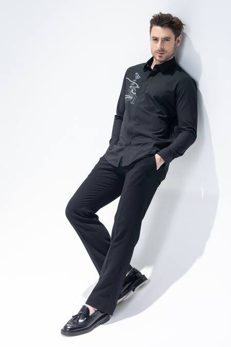 Shop_Amit Arora_Black Embroidery Cat Motif Shirt _Online_at_Aza_Fashions
