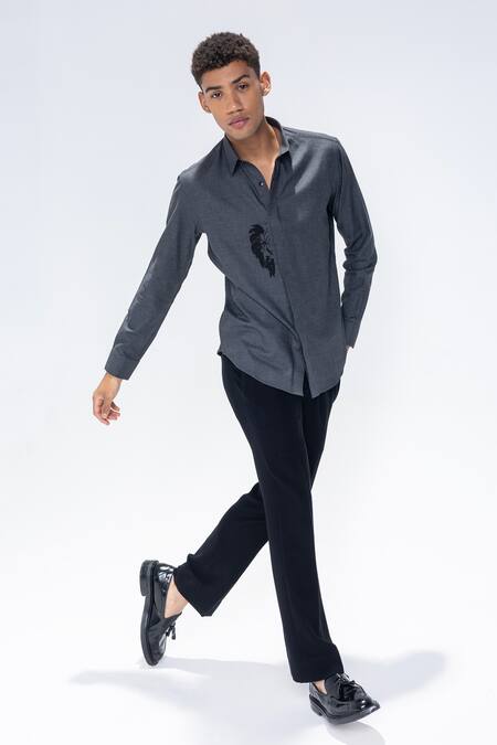 Amit Arora Gray Kota Doria Embroidery Dark Grey Shirt Online at Aza Fashions Amit Arora_Gray Kota Doria Embroidery Dark Grey Shirt_Online_at_Aza_Fashions