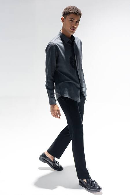 Buy Amit Arora Gray Kota Doria Embroidery Dark Grey Shirt Online at Aza Fashions Buy_Amit Arora_Gray Kota Doria Embroidery Dark Grey Shirt_Online_at_Aza_Fashions