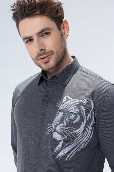 Amit Arora Gray Embroidery Grey Full Sleeved Tiger Motif Shirt Online at Aza Fashions Amit Arora_Gray Embroidery Grey Full Sleeved Tiger Motif Shirt_Online_at_Aza_Fashions