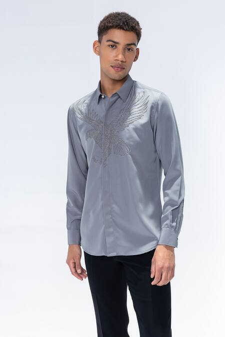 Amit Arora_Gray Polyester Embroidery Grey Bird Motif Shirt _Online_at_Aza_Fashions