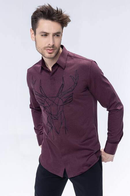 Amit Arora_Maroon Embroidery Full Sleeved Shirt With Reindeer Motif_Online_at_Aza_Fashions