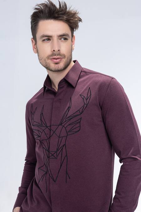 Buy_Amit Arora_Maroon Embroidery Full Sleeved Shirt With Reindeer Motif_Online_at_Aza_Fashions