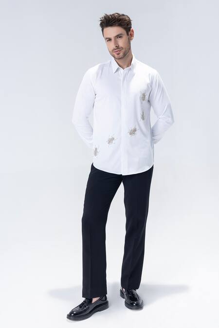Buy Amit Arora White Cotton, Lycra Embroidery Hand Bugs Shirt Online at Aza Fashions Buy_Amit Arora_White Cotton, Lycra Embroidery Hand Bugs Shirt _Online_at_Aza_Fashions