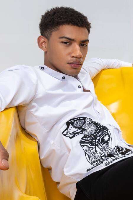 Amit Arora_White Embroidery Leopard Casual Shirt _at_Aza_Fashions