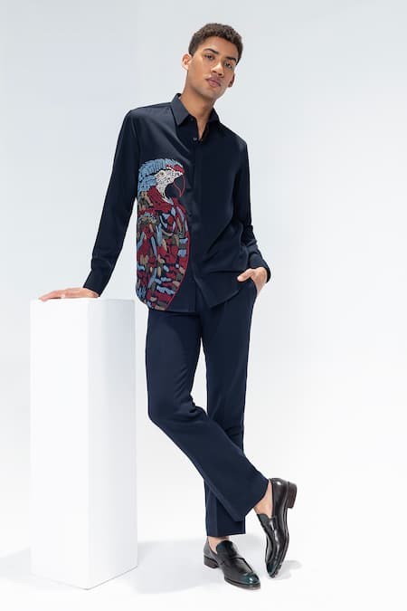 Amit Arora Navy Polyamide Embroidery Blue Casual Shirt Online at Aza Fashions Amit Arora_Navy Polyamide Embroidery Blue Casual Shirt _Online_at_Aza_Fashions