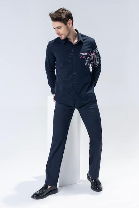 Amit Arora Navy Embroidery Blue Horse Motif Shirt Online at Aza Fashions Amit Arora_Navy Embroidery Blue Horse Motif Shirt _Online_at_Aza_Fashions