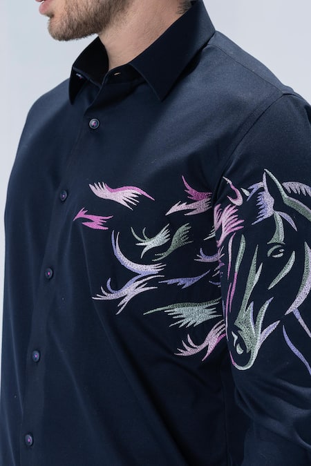 Buy Amit Arora Navy Embroidery Blue Horse Motif Shirt Online at Aza Fashions Buy_Amit Arora_Navy Embroidery Blue Horse Motif Shirt _Online_at_Aza_Fashions