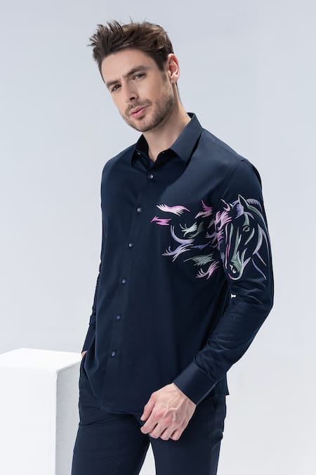Shop Amit Arora Navy Embroidery Blue Horse Motif Shirt at Aza Fashions Shop_Amit Arora_Navy Embroidery Blue Horse Motif Shirt _at_Aza_Fashions