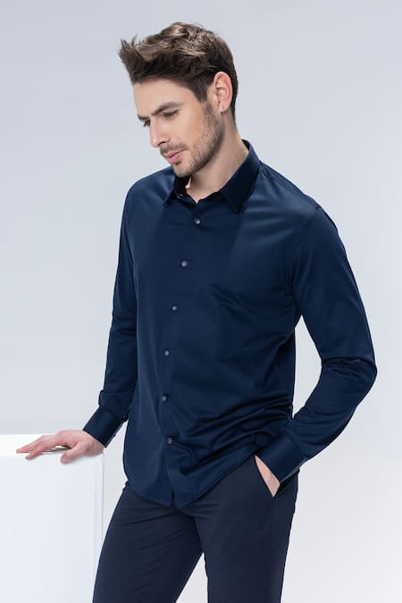 Amit Arora Navy Embroidery Blue Reindeer Shirt Online at Aza Fashions Amit Arora_Navy Embroidery Blue Reindeer Shirt _Online_at_Aza_Fashions