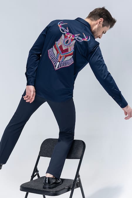 Shop Amit Arora Navy Embroidery Blue Reindeer Shirt at Aza Fashions Shop_Amit Arora_Navy Embroidery Blue Reindeer Shirt _at_Aza_Fashions