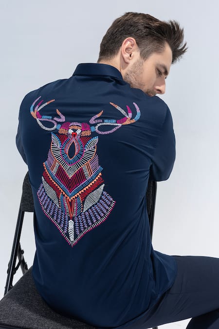 Buy Amit Arora Navy Embroidery Blue Reindeer Shirt Online at Aza Fashions Buy_Amit Arora_Navy Embroidery Blue Reindeer Shirt _Online_at_Aza_Fashions
