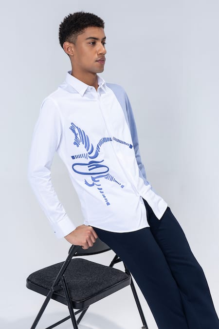 Amit Arora_White Embroidery Striped Shirt With Zebra_Online_at_Aza_Fashions