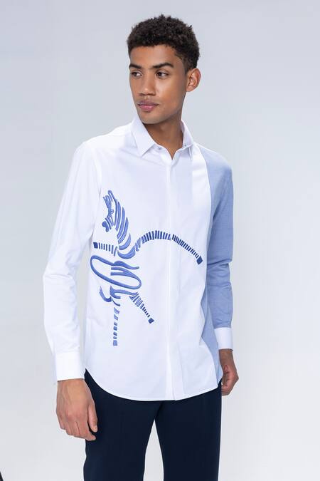 Buy_Amit Arora_White Embroidery Striped Shirt With Zebra_Online_at_Aza_Fashions
