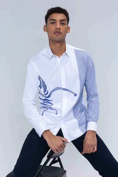 Shop_Amit Arora_White Embroidery Striped Shirt With Zebra_Online_at_Aza_Fashions
