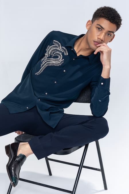 Shop Amit Arora Turquoise Polyester Dark Embellished Casual Shirt at Aza Fashions Shop_Amit Arora_Turquoise Polyester Dark Embellished Casual Shirt _at_Aza_Fashions