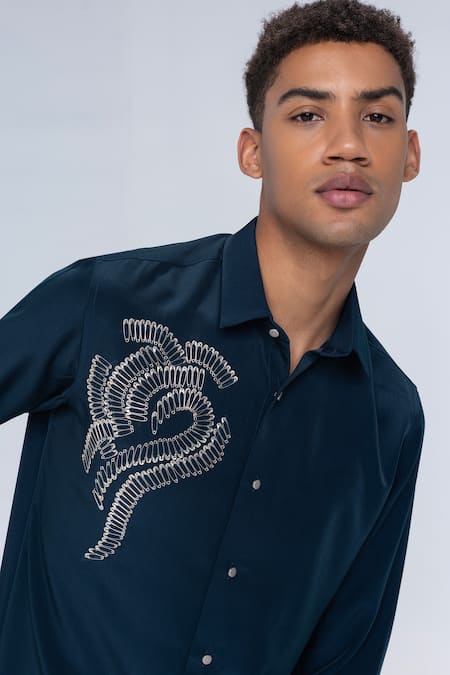 Buy Amit Arora Turquoise Polyester Dark Embellished Casual Shirt Online at Aza Fashions Buy_Amit Arora_Turquoise Polyester Dark Embellished Casual Shirt _Online_at_Aza_Fashions