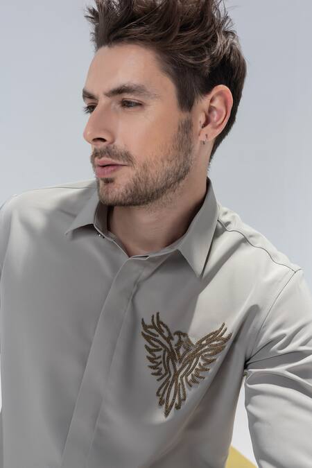 Amit Arora Tan Embroidery Fawn Casual Shirt Online at Aza Fashions Amit Arora_Tan Embroidery Fawn Casual Shirt _Online_at_Aza_Fashions