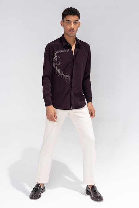 Amit Arora Brown Polyester Embroidery Lion Motif Shirt Online at Aza Fashions Amit Arora_Brown Polyester Embroidery Lion Motif Shirt _Online_at_Aza_Fashions