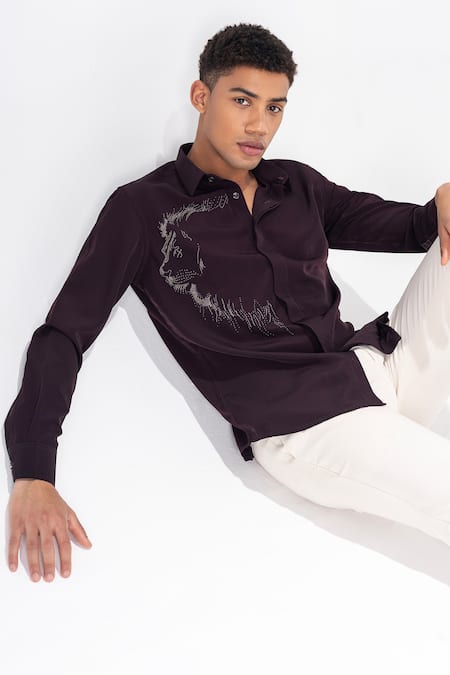 Buy Amit Arora Brown Polyester Embroidery Lion Motif Shirt Online at Aza Fashions Buy_Amit Arora_Brown Polyester Embroidery Lion Motif Shirt _Online_at_Aza_Fashions