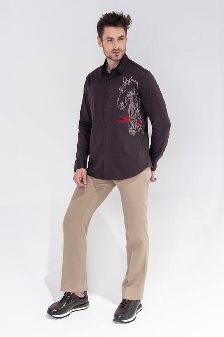 Amit Arora Brown Embroidery Horse Motif Shirt Online at Aza Fashions Amit Arora_Brown Embroidery Horse Motif Shirt _Online_at_Aza_Fashions