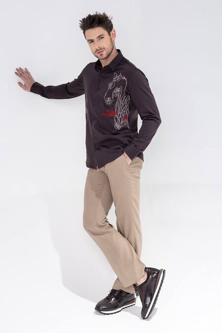 Buy Amit Arora Brown Embroidery Horse Motif Shirt Online at Aza Fashions Buy_Amit Arora_Brown Embroidery Horse Motif Shirt _Online_at_Aza_Fashions