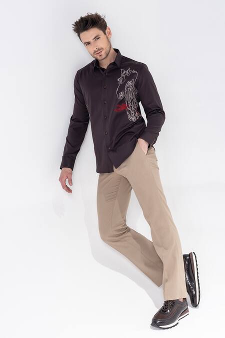 Shop Amit Arora Brown Embroidery Horse Motif Shirt Online at Aza Fashions Shop_Amit Arora_Brown Embroidery Horse Motif Shirt _Online_at_Aza_Fashions