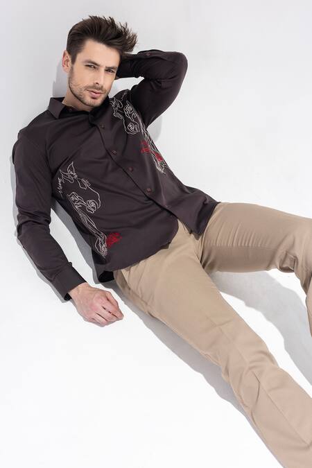 Amit Arora Brown Embroidery Horse Motif Shirt at Aza Fashions Amit Arora_Brown Embroidery Horse Motif Shirt _at_Aza_Fashions
