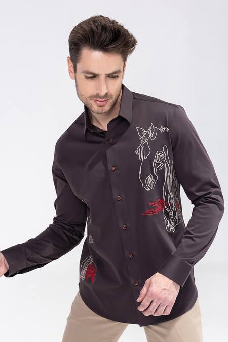 Buy Amit Arora Brown Embroidery Horse Motif Shirt Buy_Amit Arora_Brown Embroidery Horse Motif Shirt