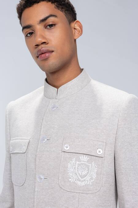 Amit Arora_Embroidery Fawn Textured Bandhgala _at_Aza_Fashions