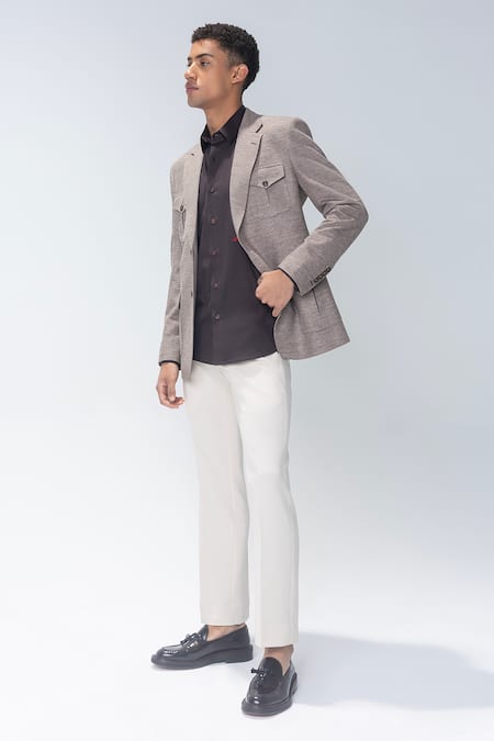 Amit Arora_Beige Kota Doria Textured Single Breasted Blazer _at_Aza_Fashions