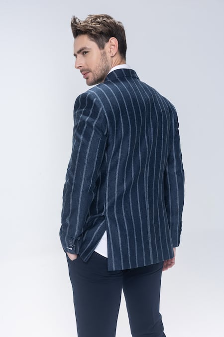 Amit Arora Navy Blue Striped Double Breasted Blazer 