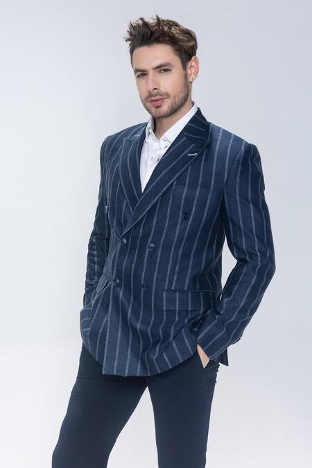 Amit Arora_Navy Blue Striped Double Breasted Blazer _Online_at_Aza_Fashions