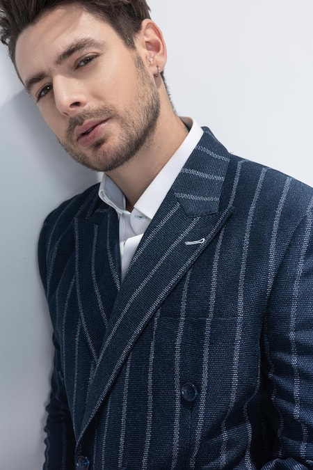 Buy_Amit Arora_Navy Blue Striped Double Breasted Blazer _Online_at_Aza_Fashions