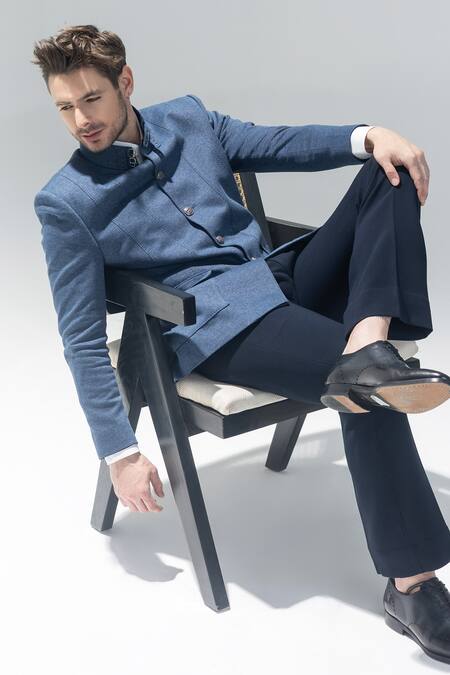 Amit Arora Blue Buckles Medium Textured Bandhgala Online at Aza Fashions Amit Arora_Blue Buckles Medium Textured Bandhgala_Online_at_Aza_Fashions