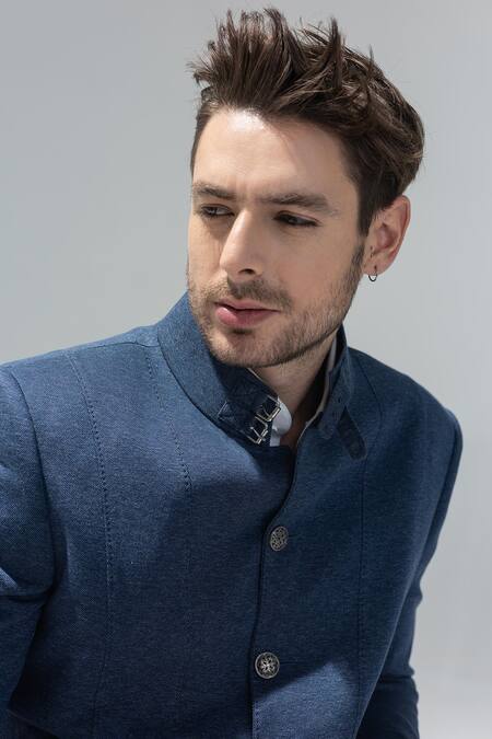 Shop Amit Arora Blue Buckles Medium Textured Bandhgala Online at Aza Fashions Shop_Amit Arora_Blue Buckles Medium Textured Bandhgala_Online_at_Aza_Fashions