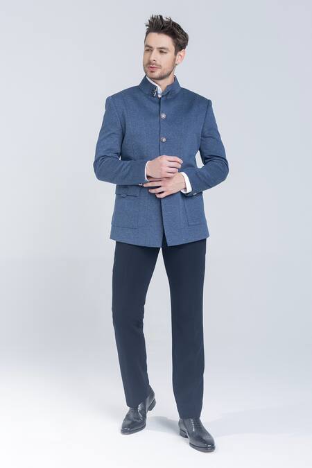 Amit Arora Blue Buckles Medium Textured Bandhgala at Aza Fashions Amit Arora_Blue Buckles Medium Textured Bandhgala_at_Aza_Fashions