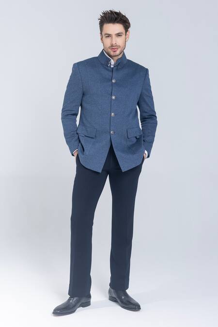 Buy Amit Arora Blue Buckles Medium Textured Bandhgala Buy_Amit Arora_Blue Buckles Medium Textured Bandhgala