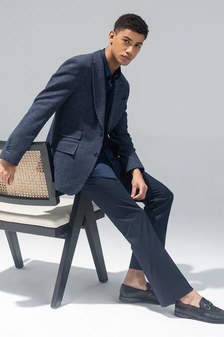 Amit Arora_Navy Kota Doria Blue Textured Peak Collar Blazer _Online_at_Aza_Fashions