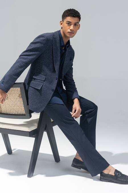 Buy_Amit Arora_Navy Kota Doria Blue Textured Peak Collar Blazer _Online_at_Aza_Fashions