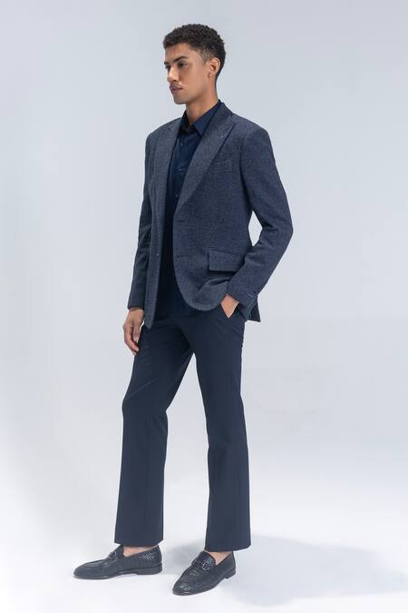 Shop_Amit Arora_Navy Kota Doria Blue Textured Peak Collar Blazer _Online_at_Aza_Fashions
