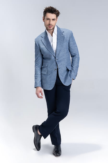 Shop_Amit Arora_Blue Medium Textured Blazer _Online_at_Aza_Fashions