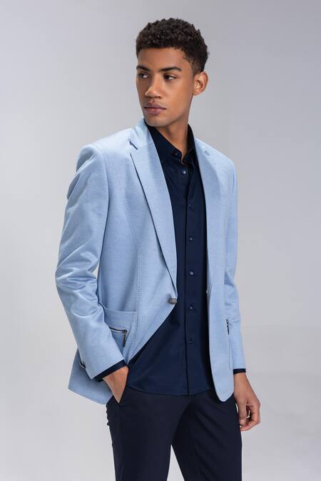 Amit Arora_Sky Blue English Collar Blazer_Online_at_Aza_Fashions