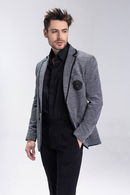 Buy_Amit Arora_Gray Embroidery Grey Textured Two Button Blazer _Online_at_Aza_Fashions