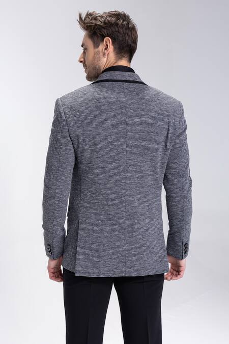 Shop_Amit Arora_Gray Embroidery Grey Textured Two Button Blazer _at_Aza_Fashions
