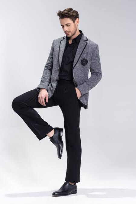 Shop_Amit Arora_Gray Embroidery Grey Textured Two Button Blazer _Online_at_Aza_Fashions