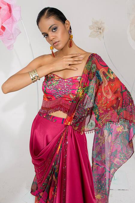 Buy_Muskan Aggarwal_Rose Gold Satin, Organza Sequins, Beads Bandeau Red Blouse And Draped Skirt Set _Online_at_Aza_Fashions